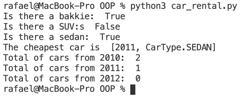 Sample output for the OOP python example