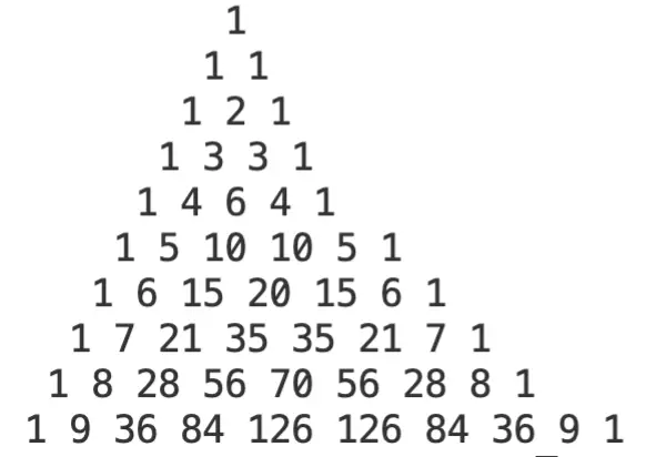 Pascal triangle for n=10 with wrong spacing
