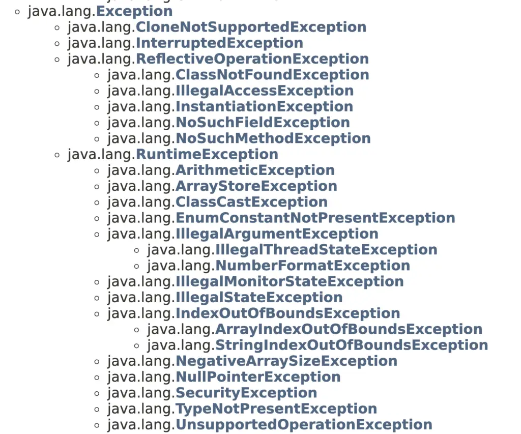 Example of exception hierarchy in Java. Source: Oracle Java docs.