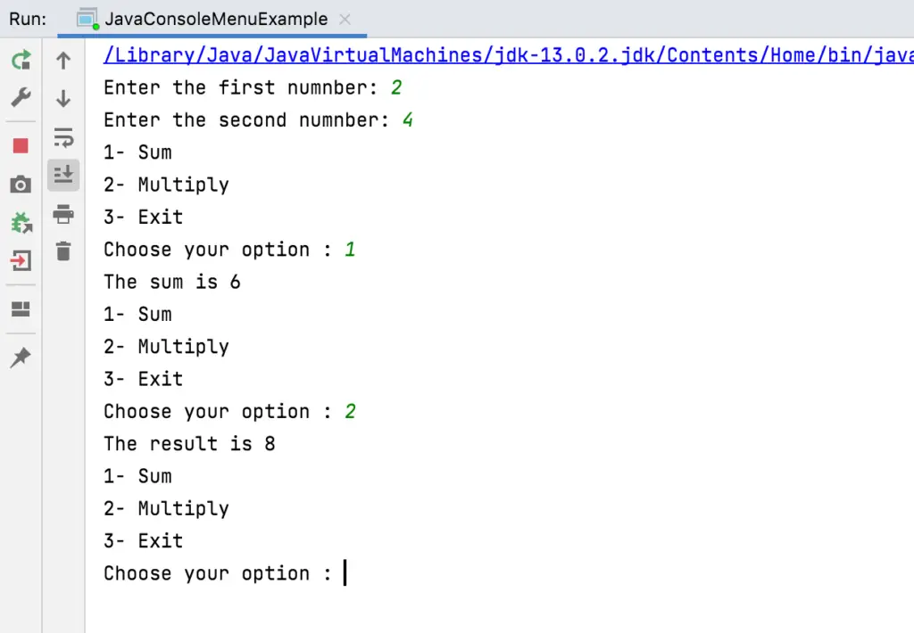 Java console menu application output example