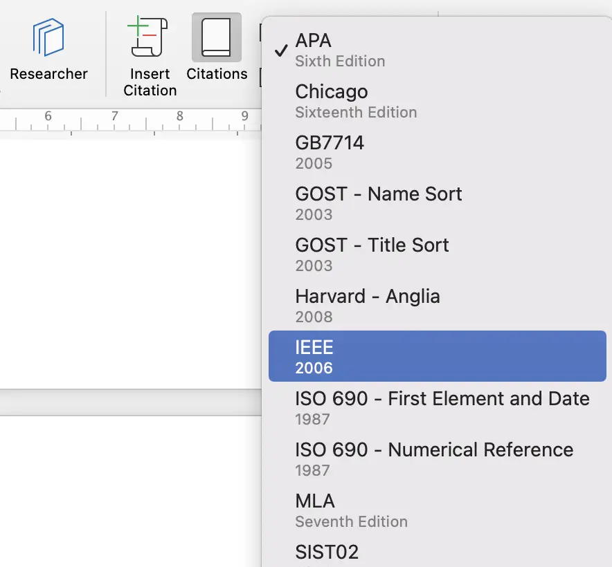 Citation style list available Microsoft Word by default
