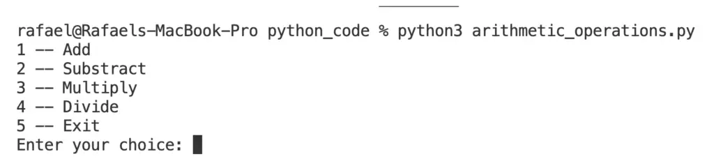 Python program for arithmetic operations menu example